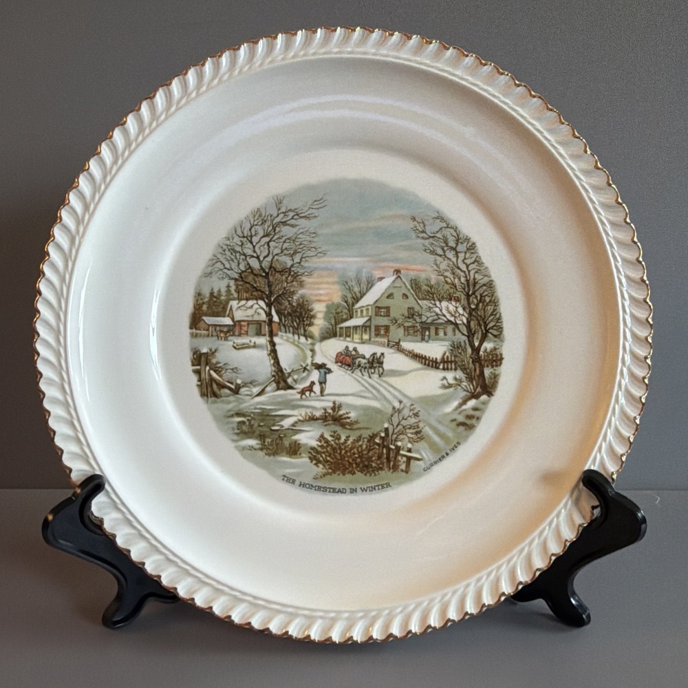 Vintage 1950s Harkerware Currier & Ives 10" CakePlate "The Homestead in Winter"